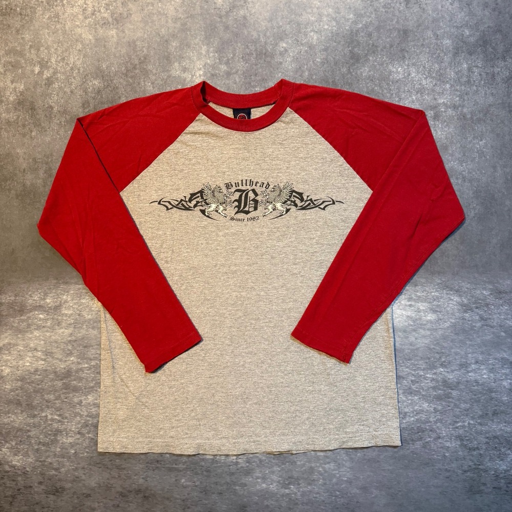 VTG Bullhead Raglan Long Sleeve Shirt Mens M Red Gray Tribal Y2K USA Made PacSun